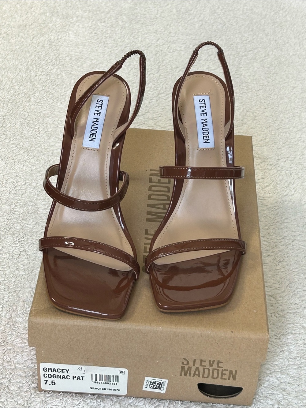 Steve Madden Cognac Patent Square-Toe Slingback Heels
